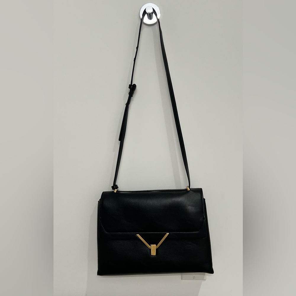 Black Leather Crossbody Shoulder Bag with Gold Accent